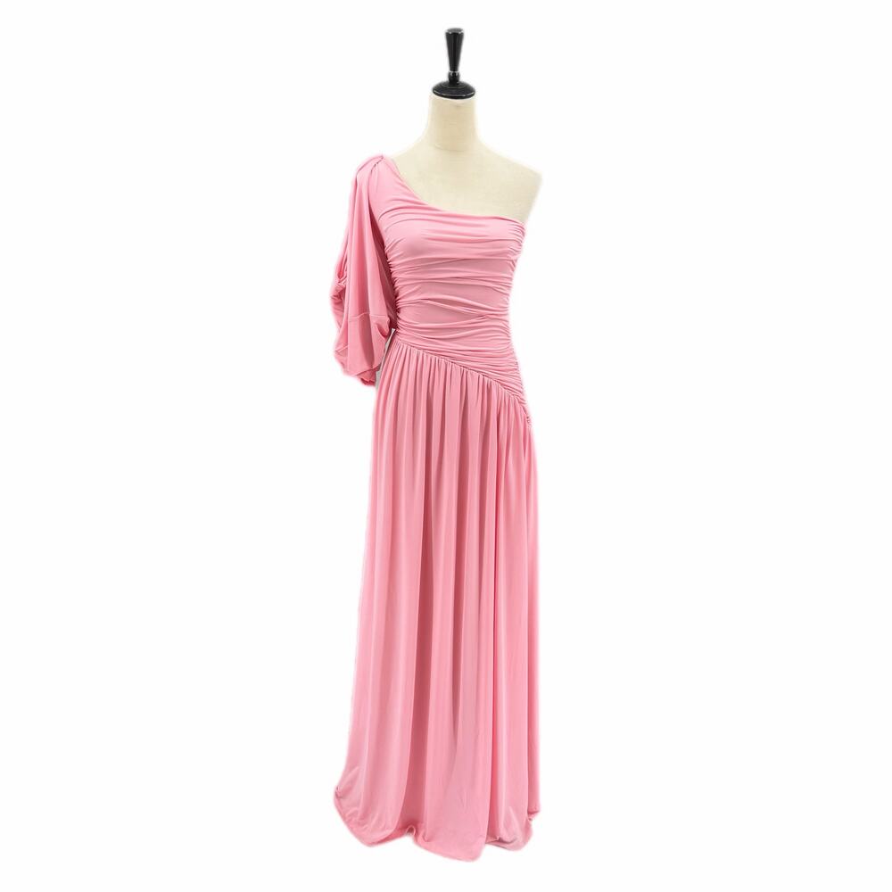 Meshki Candy Pink Slinky Asymmetrical One Shoulder Ruched Elegant Maxi Dress